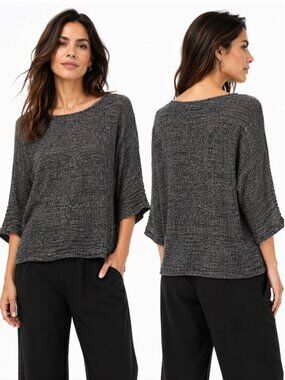 Eileen Fisher Organic Linen Charcoal Textured Boxy Knit Top Medium